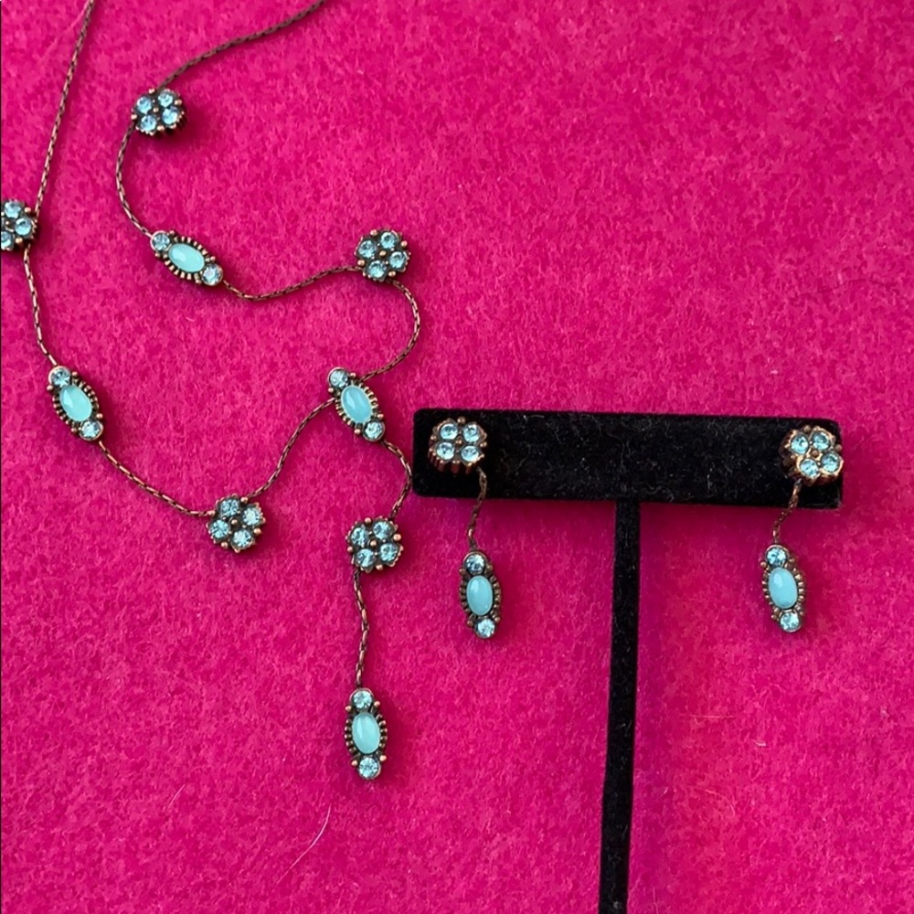 Rhinestone, Metal & Cats Eye Like Stone Fashion Necklace & Drop Post Earring Set